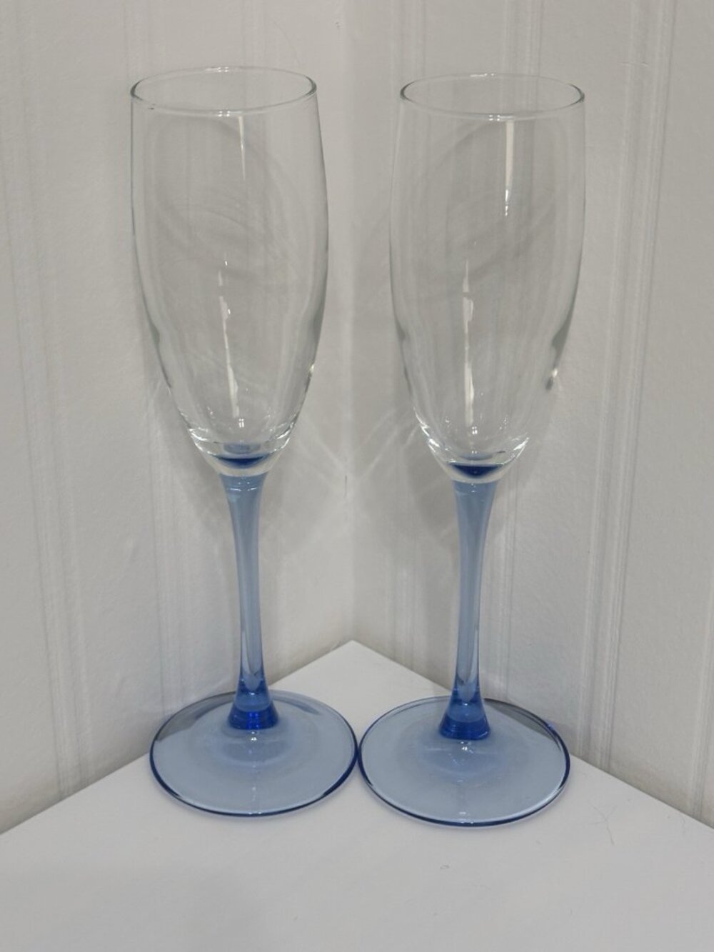 Vintage Luminarc Champagne Flutes Blue Stem Clear Glass France 9” Tall Set 2